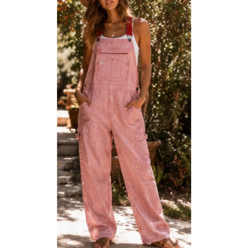 Duluth Trading Women’s L Red White Hickory Stripe Railroad Overalls Workwear Bib - Picture 10 of 10